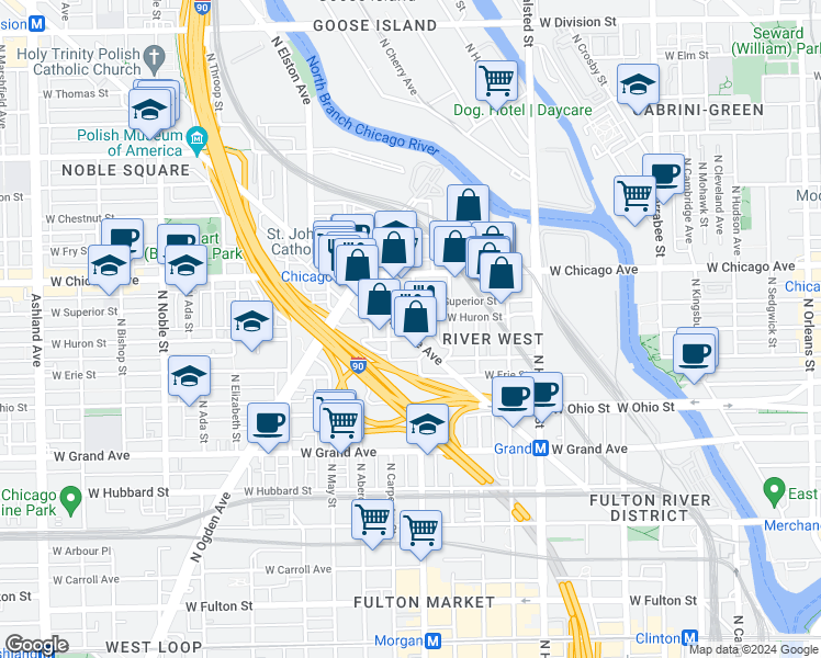 map of restaurants, bars, coffee shops, grocery stores, and more near 957 West Huron Street in Chicago