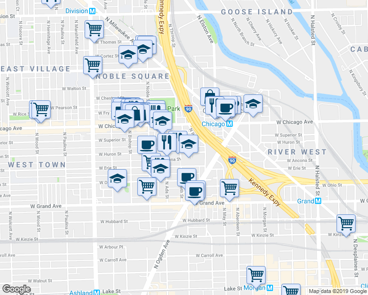 map of restaurants, bars, coffee shops, grocery stores, and more near 721 North Throop Street in Chicago