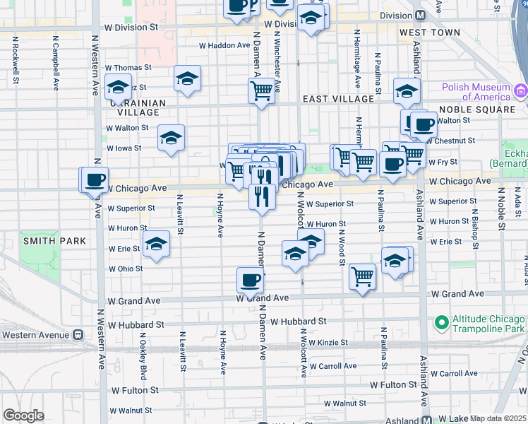 map of restaurants, bars, coffee shops, grocery stores, and more near 1948 West Superior Street in Chicago