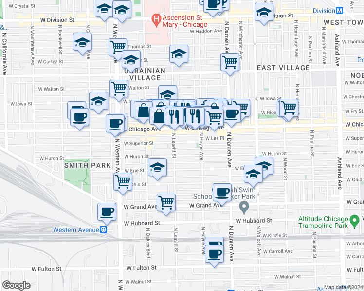 map of restaurants, bars, coffee shops, grocery stores, and more near 2136 West Superior Street in Chicago