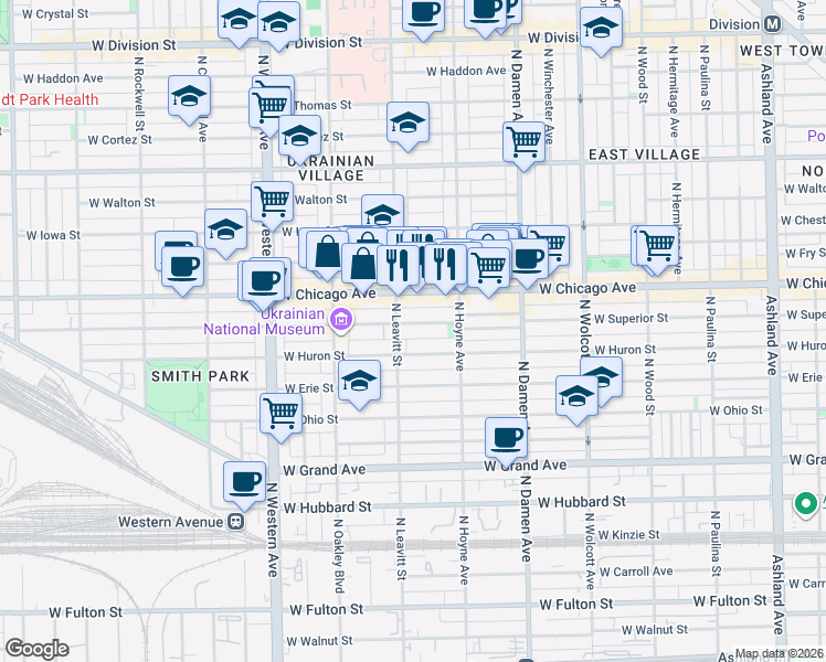 map of restaurants, bars, coffee shops, grocery stores, and more near 2136 West Superior Street in Chicago
