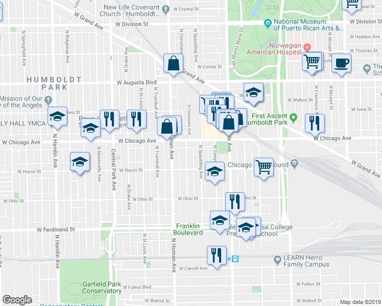 map of restaurants, bars, coffee shops, grocery stores, and more near 742 North Spaulding Avenue in Chicago