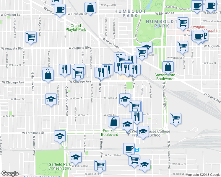 map of restaurants, bars, coffee shops, grocery stores, and more near 742 North Spaulding Avenue in Chicago