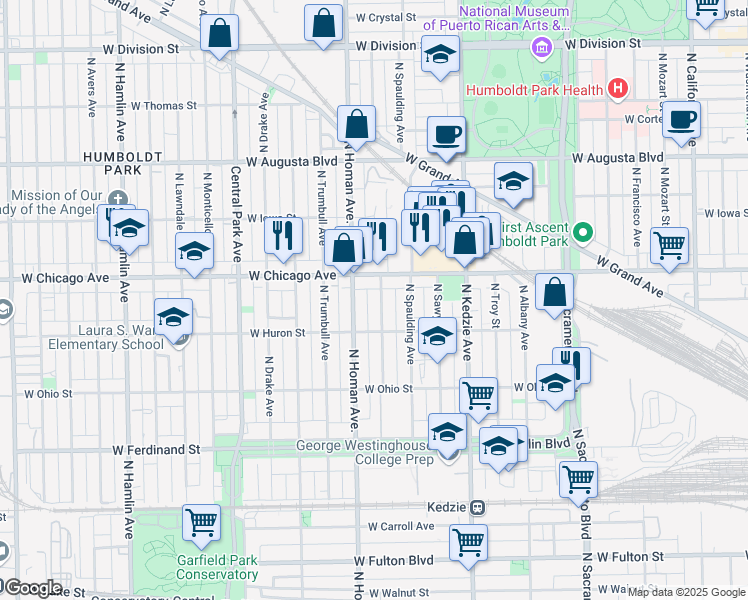map of restaurants, bars, coffee shops, grocery stores, and more near 743 North Homan Avenue in Chicago
