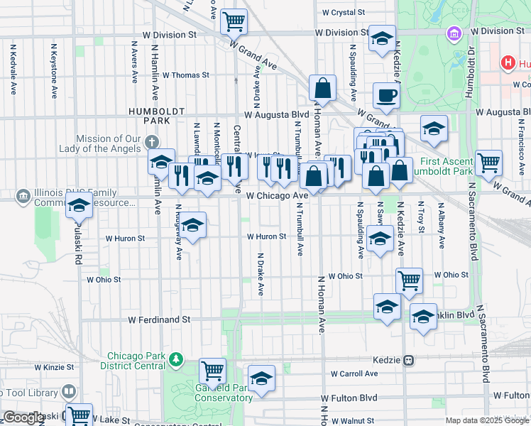 map of restaurants, bars, coffee shops, grocery stores, and more near 740 North Saint Louis Avenue in Chicago
