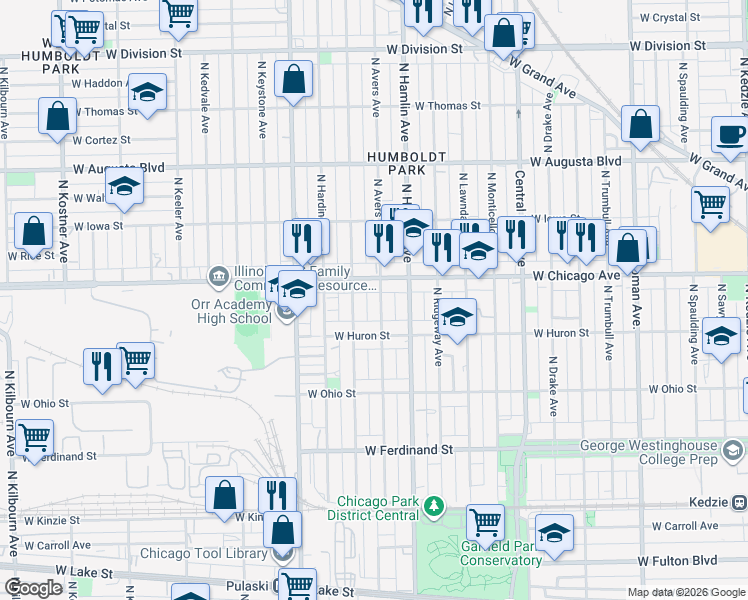 map of restaurants, bars, coffee shops, grocery stores, and more near 3851 West Chicago Avenue in Chicago