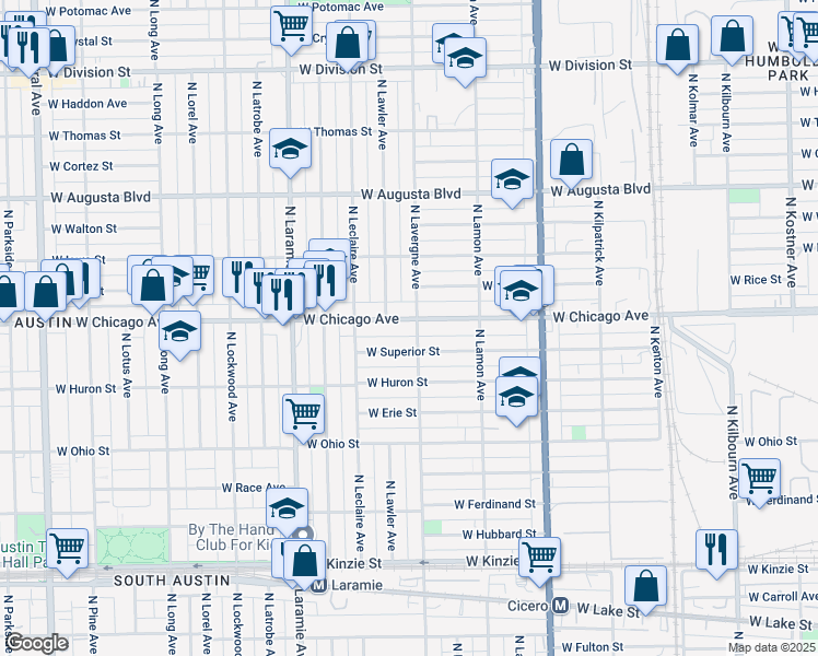map of restaurants, bars, coffee shops, grocery stores, and more near 5018 West Chicago Avenue in Chicago