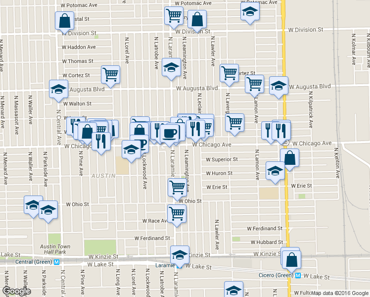 map of restaurants, bars, coffee shops, grocery stores, and more near 5134 West Chicago Avenue in Chicago