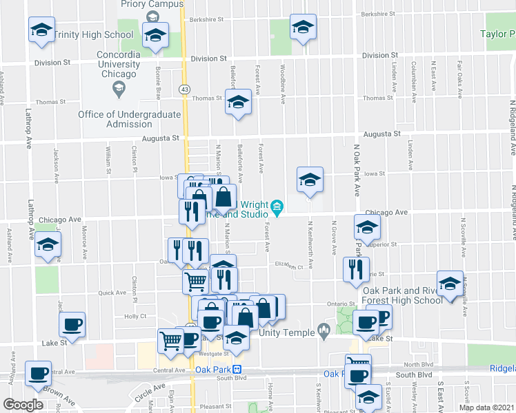 map of restaurants, bars, coffee shops, grocery stores, and more near 517 Forest Avenue in Oak Park
