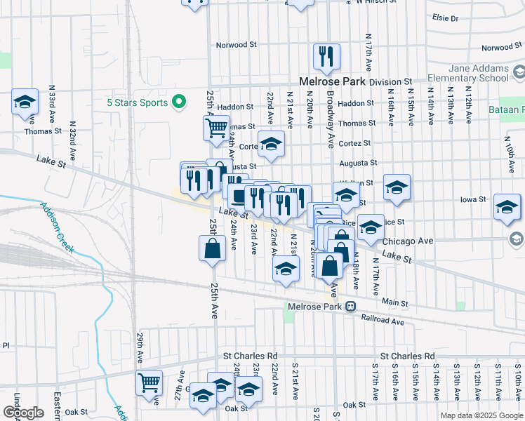 map of restaurants, bars, coffee shops, grocery stores, and more near 2206 Iowa Street in Melrose Park