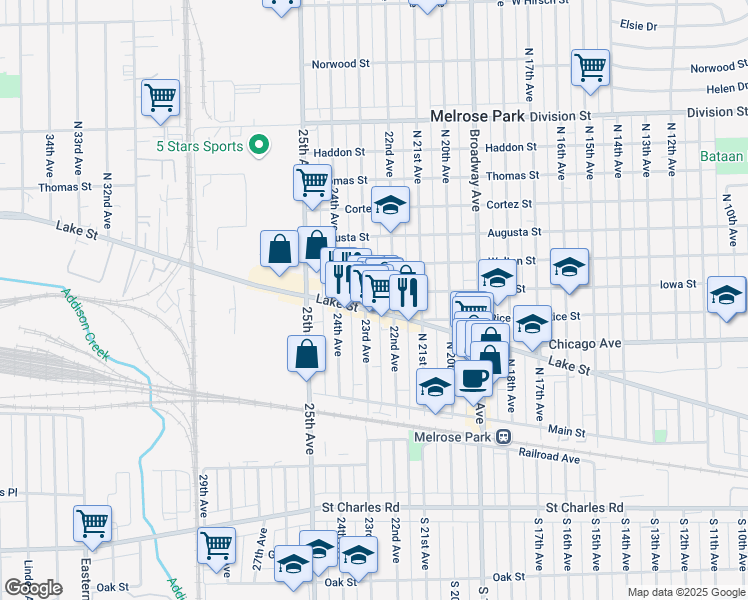 map of restaurants, bars, coffee shops, grocery stores, and more near 2206 Iowa Street in Melrose Park