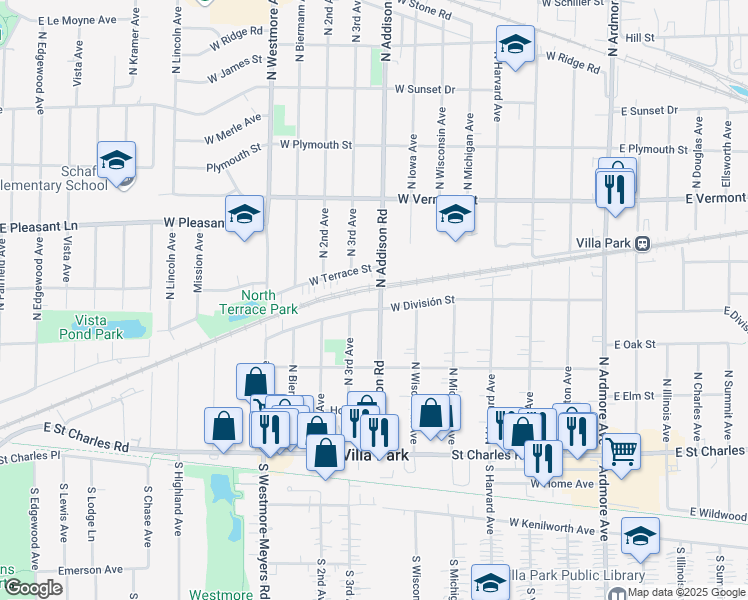 map of restaurants, bars, coffee shops, grocery stores, and more near 338 West Division Street in Villa Park