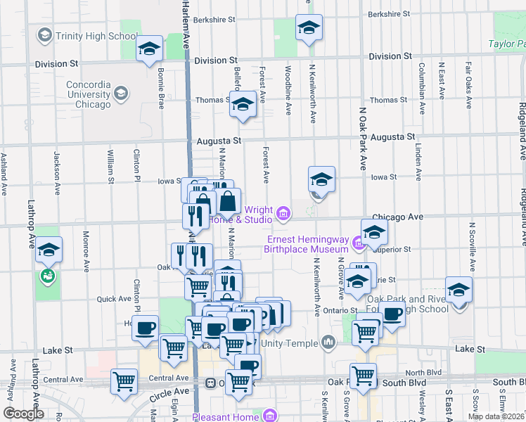 map of restaurants, bars, coffee shops, grocery stores, and more near 517 Forest Avenue in Oak Park