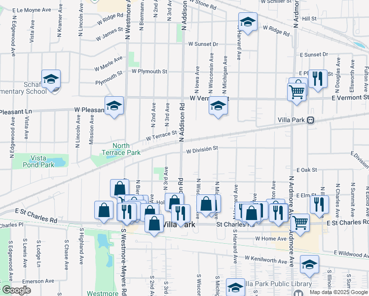 map of restaurants, bars, coffee shops, grocery stores, and more near 338 West Division Street in Villa Park