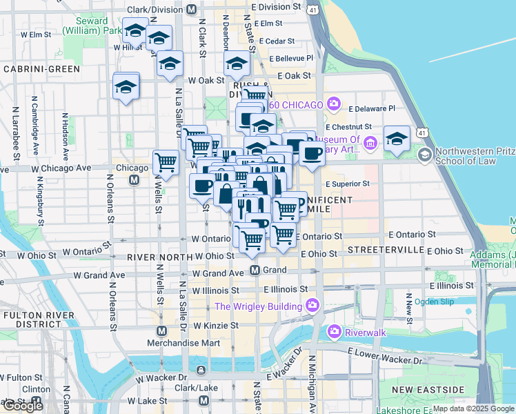 map of restaurants, bars, coffee shops, grocery stores, and more near 700 North State Street in Chicago