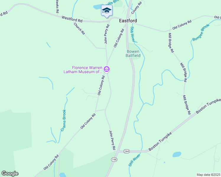 map of restaurants, bars, coffee shops, grocery stores, and more near John Perry Road in Eastford