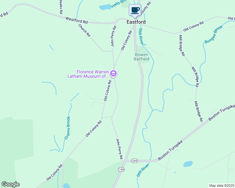 map of restaurants, bars, coffee shops, grocery stores, and more near John Perry Road in Eastford