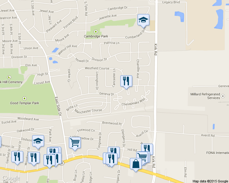 map of restaurants, bars, coffee shops, grocery stores, and more near 726 Lancaster Lane in Geneva
