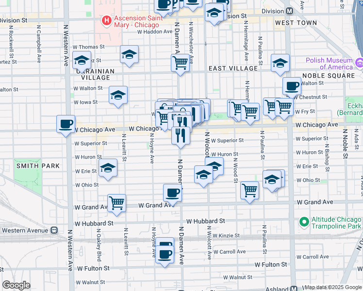 map of restaurants, bars, coffee shops, grocery stores, and more near 1948 West Superior Street in Chicago