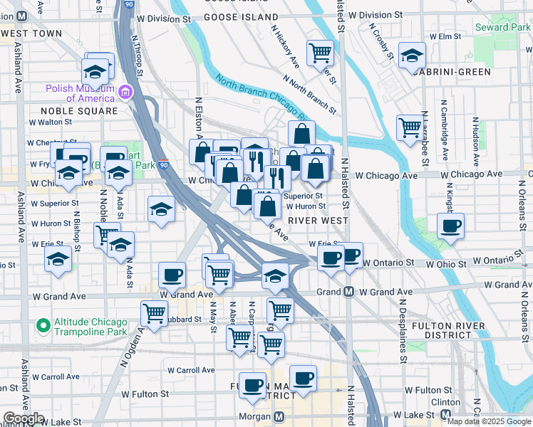map of restaurants, bars, coffee shops, grocery stores, and more near 957 West Huron Street in Chicago