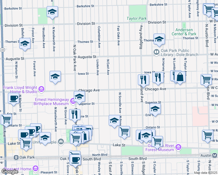 map of restaurants, bars, coffee shops, grocery stores, and more near 518 North East Avenue in Oak Park