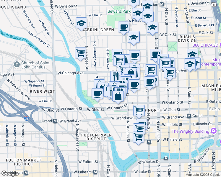 map of restaurants, bars, coffee shops, grocery stores, and more near 431 West Huron Street in Chicago