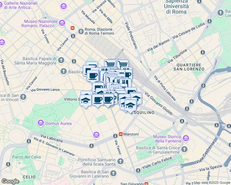 map of restaurants, bars, coffee shops, grocery stores, and more near 47 Via Principe Eugenio in Roma