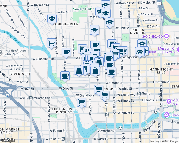 map of restaurants, bars, coffee shops, grocery stores, and more near West Huron Street & North Orleans Street in Chicago