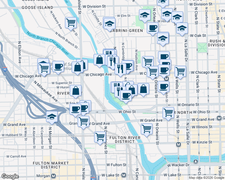 map of restaurants, bars, coffee shops, grocery stores, and more near 700 North Larrabee Street in Chicago