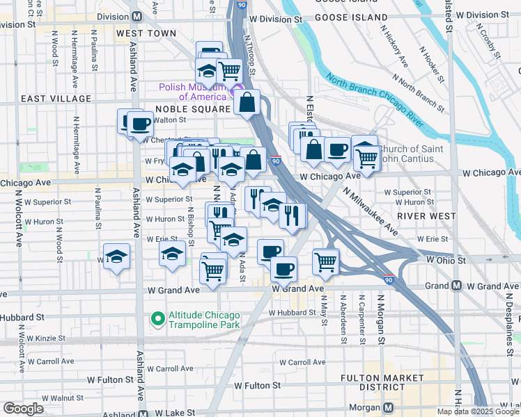 map of restaurants, bars, coffee shops, grocery stores, and more near 721 North Throop Street in Chicago