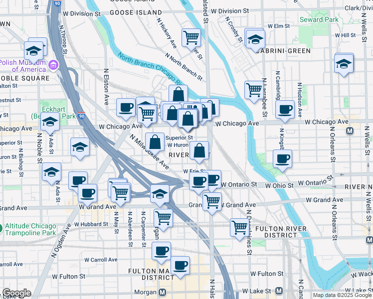 map of restaurants, bars, coffee shops, grocery stores, and more near 617 North Green Street in Chicago
