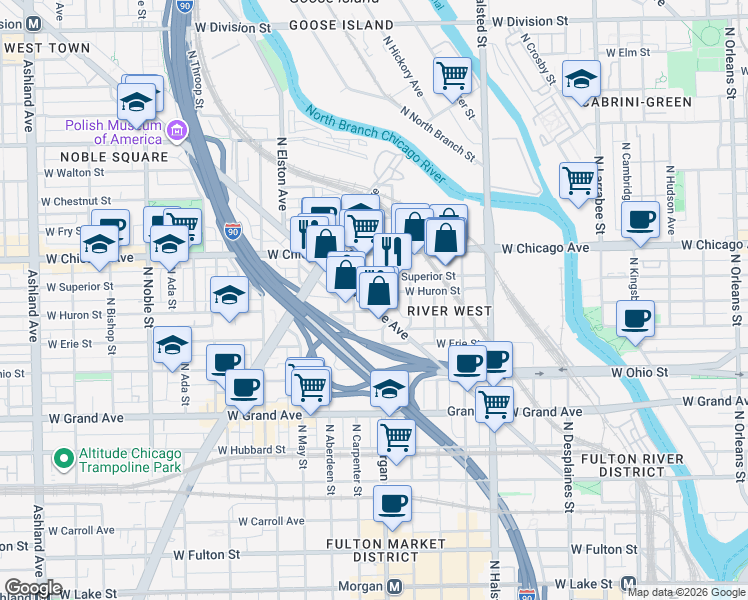 map of restaurants, bars, coffee shops, grocery stores, and more near 713 North Milwaukee Avenue in Chicago