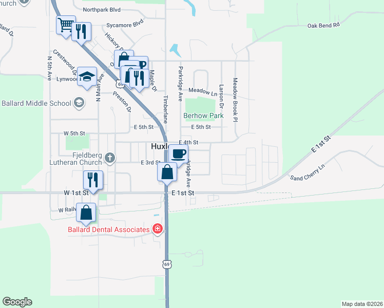 map of restaurants, bars, coffee shops, grocery stores, and more near 510 Prairie Ridge Drive in Huxley