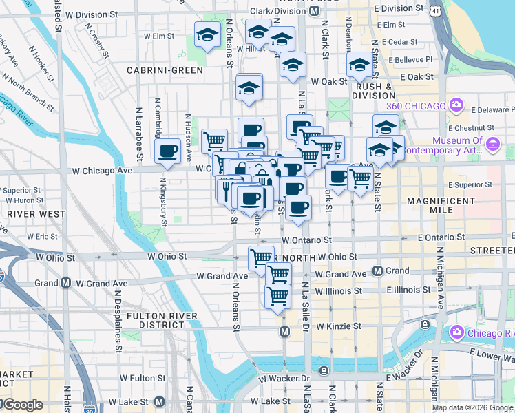 map of restaurants, bars, coffee shops, grocery stores, and more near W Huron St & N Franklin St in Chicago