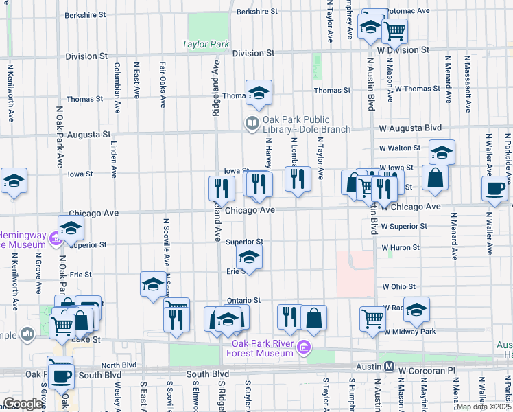 map of restaurants, bars, coffee shops, grocery stores, and more near 508 North Cuyler Avenue in Oak Park