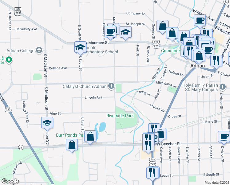 map of restaurants, bars, coffee shops, grocery stores, and more near 329 South McKenzie Street South in Adrian