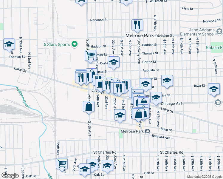 map of restaurants, bars, coffee shops, grocery stores, and more near 2206 Iowa Street in Melrose Park