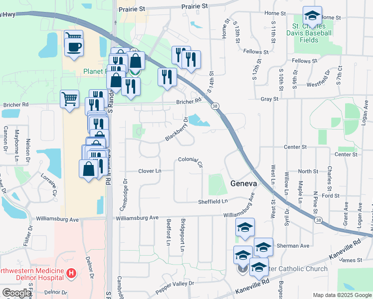 map of restaurants, bars, coffee shops, grocery stores, and more near 538 Dempsey Place in Geneva