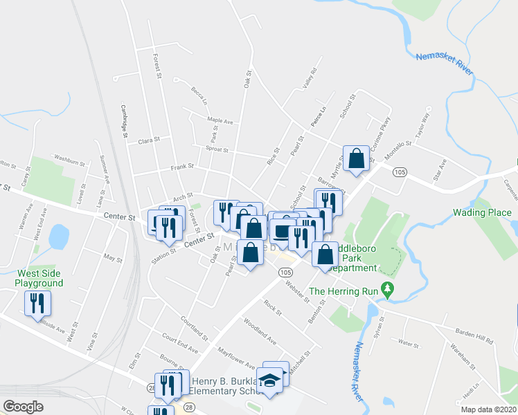 map of restaurants, bars, coffee shops, grocery stores, and more near 100 Peirce Street in Middleborough