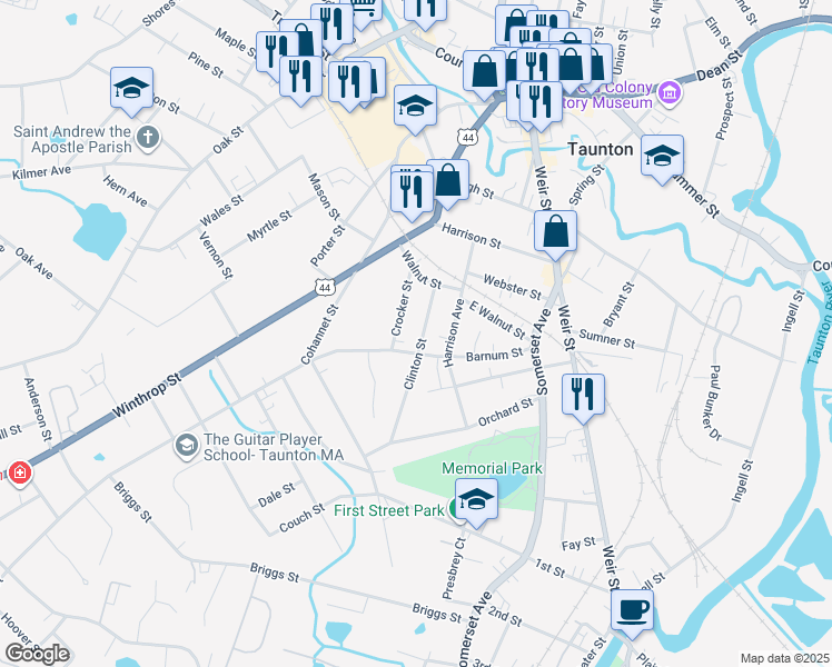 map of restaurants, bars, coffee shops, grocery stores, and more near 17 Clinton Street in Taunton