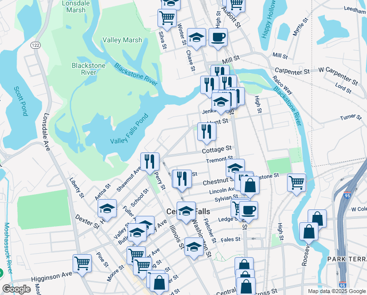map of restaurants, bars, coffee shops, grocery stores, and more near 14 Hawley Street in Central Falls