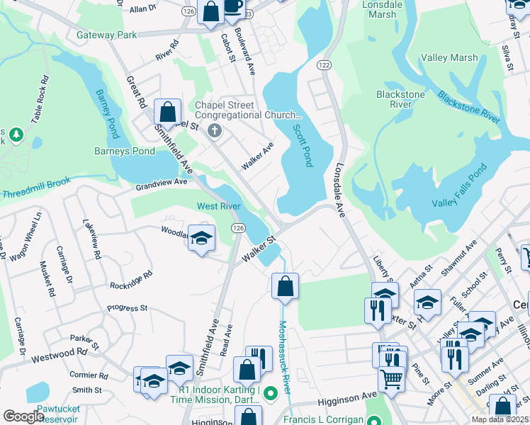 map of restaurants, bars, coffee shops, grocery stores, and more near 61 Chapel Street in Lincoln