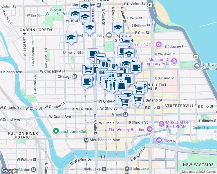 map of restaurants, bars, coffee shops, grocery stores, and more near in Chicago
