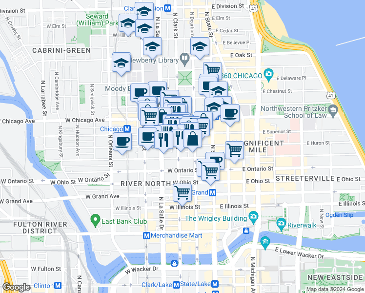map of restaurants, bars, coffee shops, grocery stores, and more near 665 North Clark Street in Chicago
