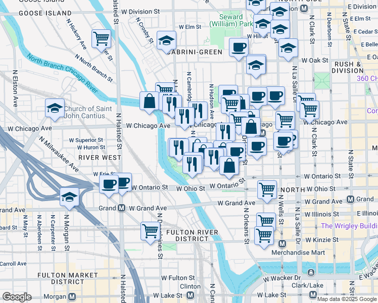 map of restaurants, bars, coffee shops, grocery stores, and more near 520 West Huron Street in Chicago