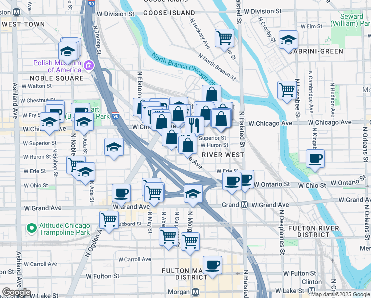 map of restaurants, bars, coffee shops, grocery stores, and more near 957 West Huron Street in Chicago