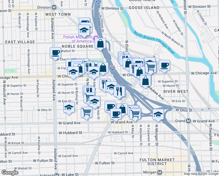 map of restaurants, bars, coffee shops, grocery stores, and more near 718 North Willard Court in Chicago