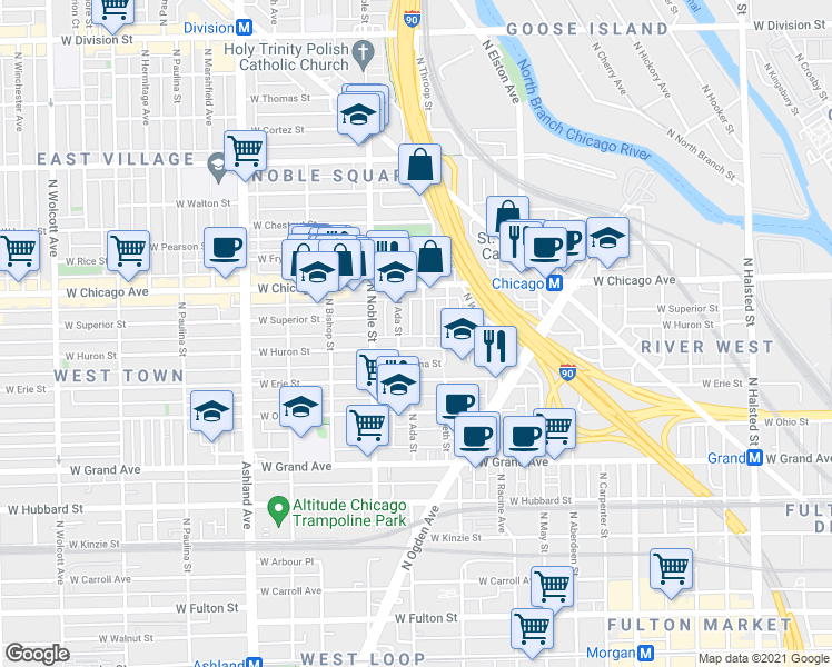 map of restaurants, bars, coffee shops, grocery stores, and more near 721 North Throop Street in Chicago