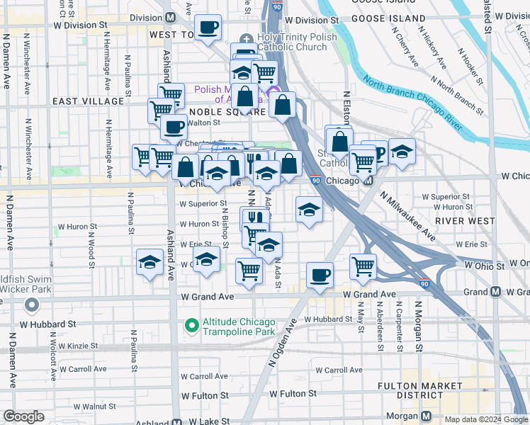 map of restaurants, bars, coffee shops, grocery stores, and more near 720 North Ada Street in Chicago