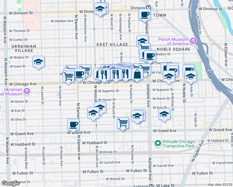 map of restaurants, bars, coffee shops, grocery stores, and more near 1759 West Superior Street in Chicago